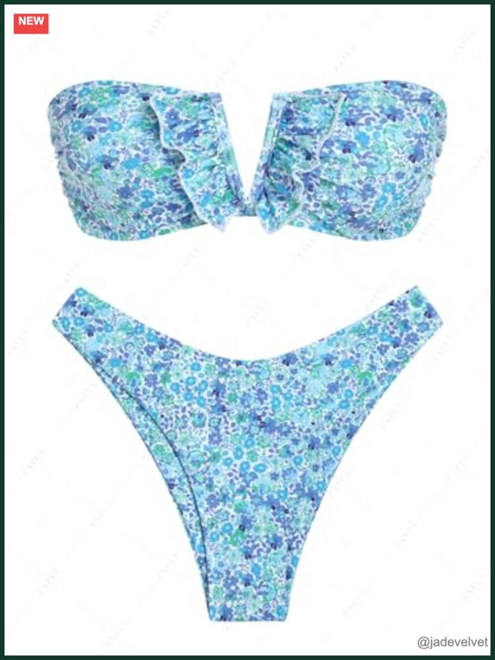 Strapless Ribbed V-Wired Lace Up Ruffle High Cut Bandeau Bikini Set